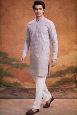 Lilac Tissue Silk Embroidery Mens Festive Wear Kurta Set