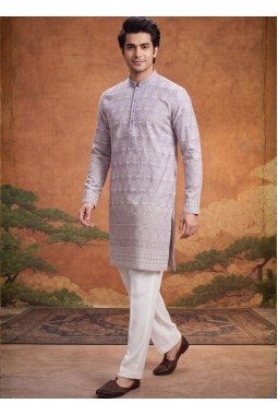 Lilac Tissue Silk Embroidery Mens Festive Wear Kurta Set