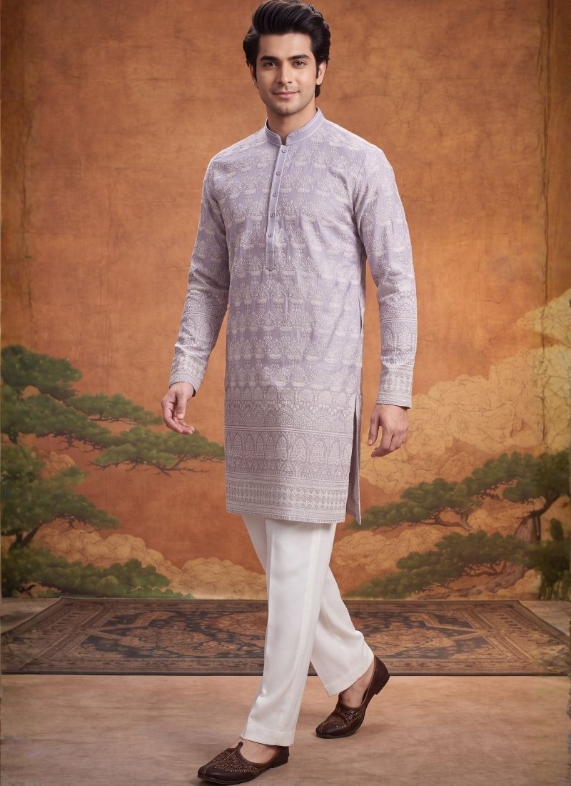 Lilac Tissue Silk Embroidery Mens Festive Wear Kurta Set