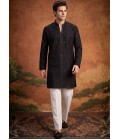 Black Art Silk Embroidery Mens Festive Wear Kurta Set