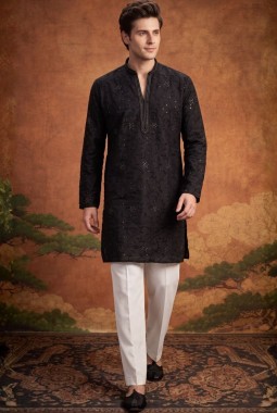 Black Art Silk Embroidery Mens Festive Wear Kurta Set