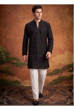 Black Art Silk Embroidery Mens Festive Wear Kurta Set