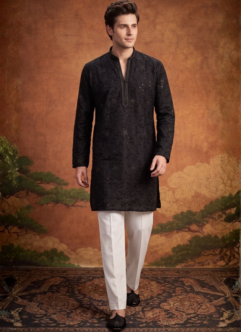 Black Art Silk Embroidery Mens Festive Wear Kurta Set