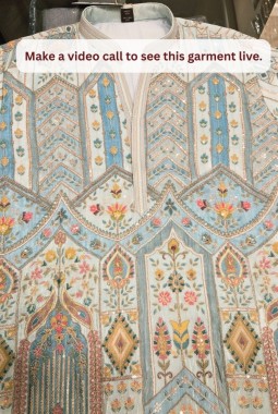 Sky Blue Tissue Silk Embroidery Mens Festive Wear Kurta Set