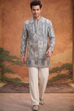 Sky Blue Tissue Silk Embroidery Mens Festive Wear Kurta Set
