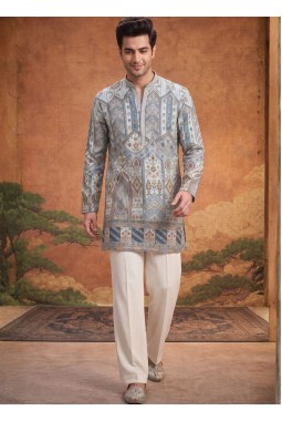 Sky Blue Tissue Silk Embroidery Mens Festive Wear Kurta Set