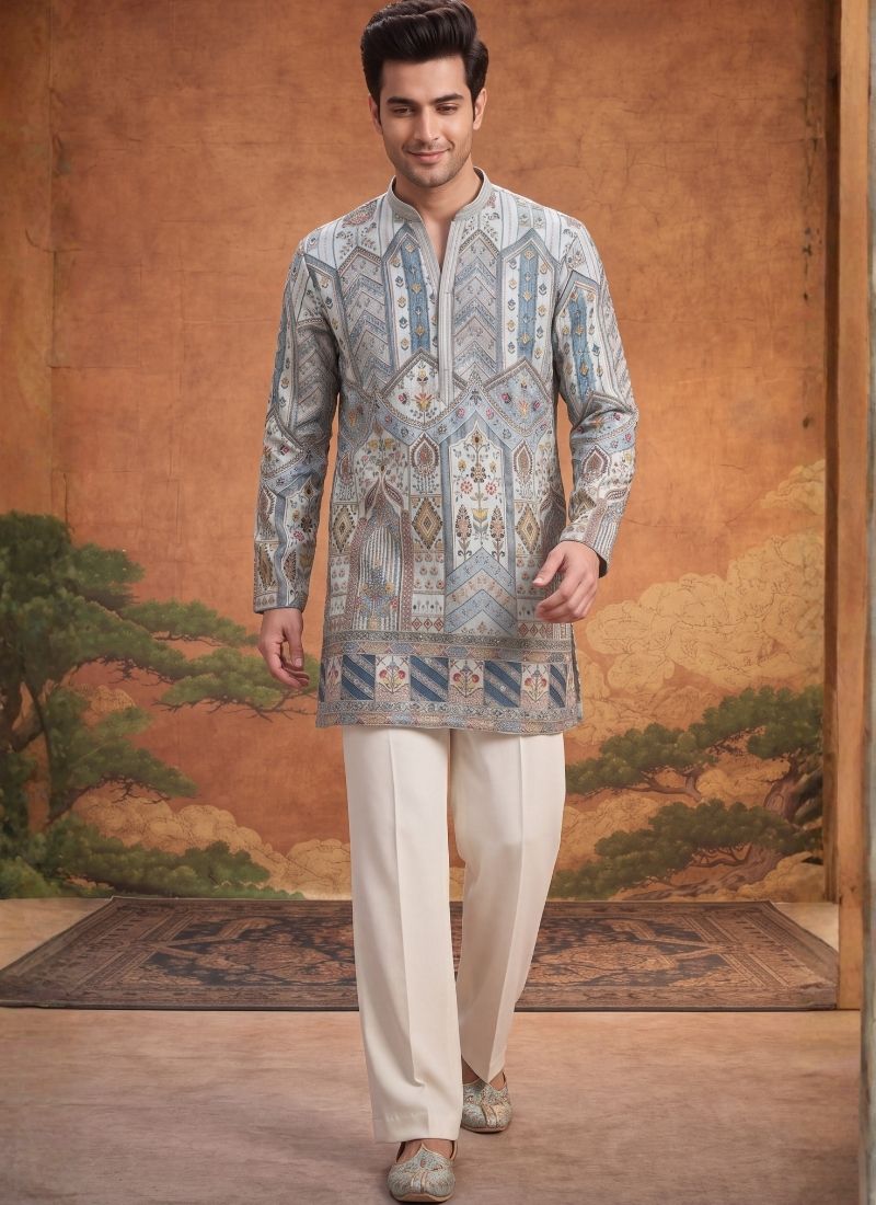 Sky Blue Tissue Silk Embroidery Mens Festive Wear Kurta Set