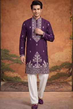 Wine Japanese Embroidery Mens Festive Wear Kurta Set