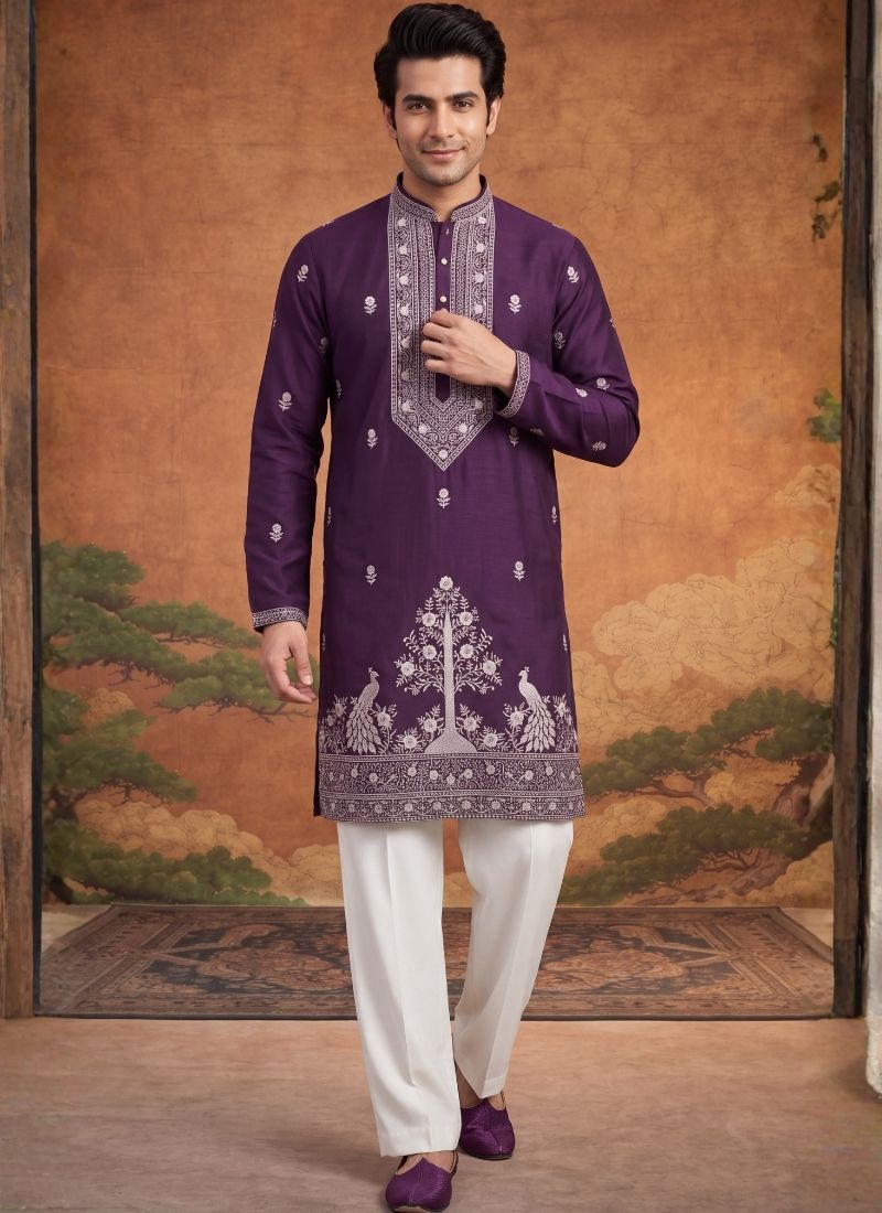Wine Japanese Embroidery Mens Festive Wear Kurta Set