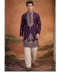 Wine Japanese Embroidery Mens Festive Wear Kurta Set