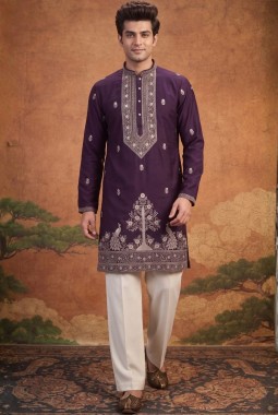 Wine Japanese Embroidery Mens Festive Wear Kurta Set