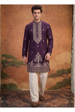 Wine Japanese Embroidery Mens Festive Wear Kurta Set