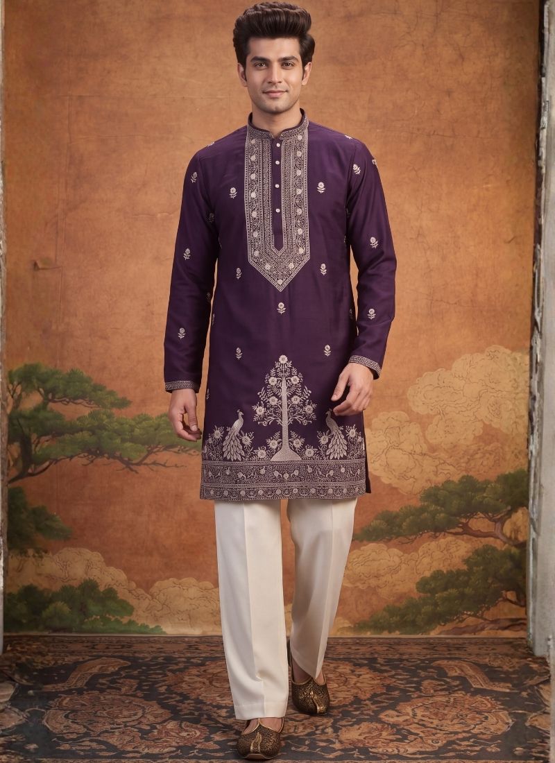Wine Japanese Embroidery Mens Festive Wear Kurta Set
