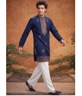 Teal Blue Japanese Embroidery Mens Festive Wear Kurta Pant