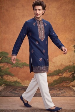 Teal Blue Japanese Embroidery Mens Festive Wear Kurta Pant