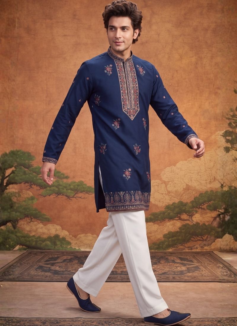 Teal Blue Japanese Embroidery Mens Festive Wear Kurta Pant