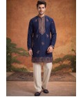 Teal Blue Japanese Embroidery Mens Festive Wear Kurta Pant