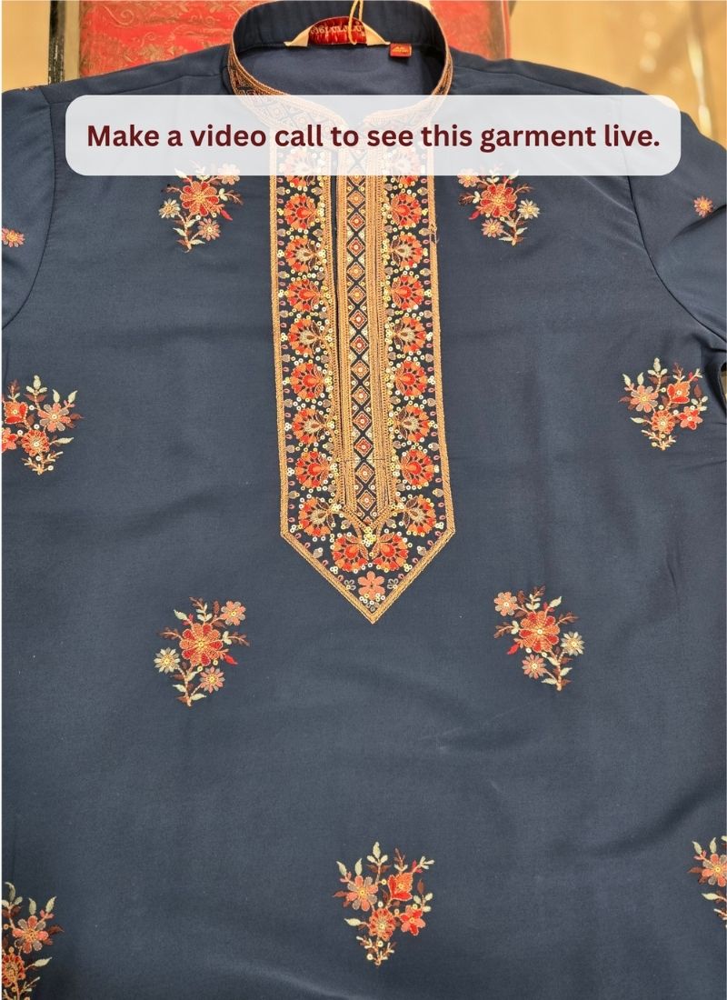 Teal Blue Japanese Embroidery Mens Festive Wear Kurta Pant
