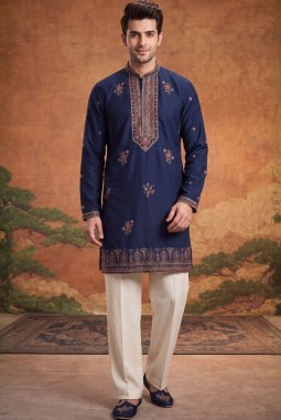 Teal Blue Japanese Embroidery Mens Festive Wear Kurta Pant