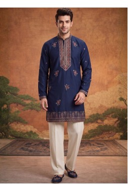 Teal Blue Japanese Embroidery Mens Festive Wear Kurta Pant