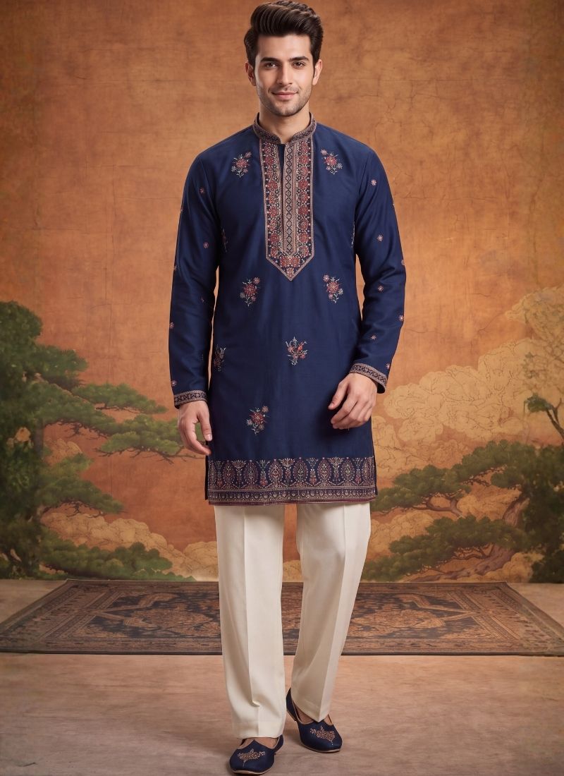 Teal Blue Japanese Embroidery Mens Festive Wear Kurta Pant