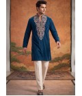 Teal Blue Velvet Embroidery Mens Festive Wear Kurta Pant