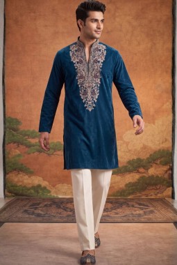 Teal Blue Velvet Embroidery Mens Festive Wear Kurta Pant