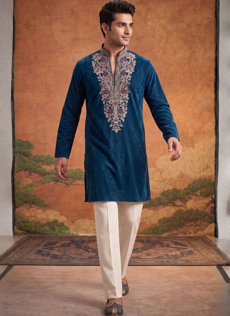 Teal Blue Velvet Embroidery Mens Festive Wear Kurta Pant