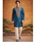 Teal Blue Velvet Embroidery Mens Festive Wear Kurta Pant