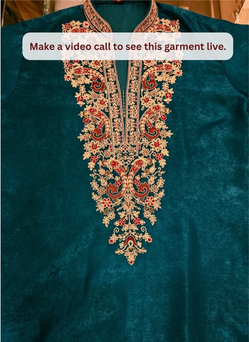 Teal Blue Velvet Embroidery Mens Festive Wear Kurta Pant
