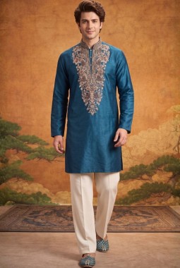 Teal Blue Velvet Embroidery Mens Festive Wear Kurta Pant