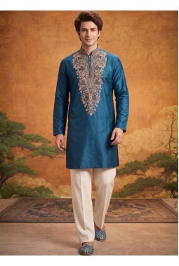 Teal Blue Velvet Embroidery Mens Festive Wear Kurta Pant