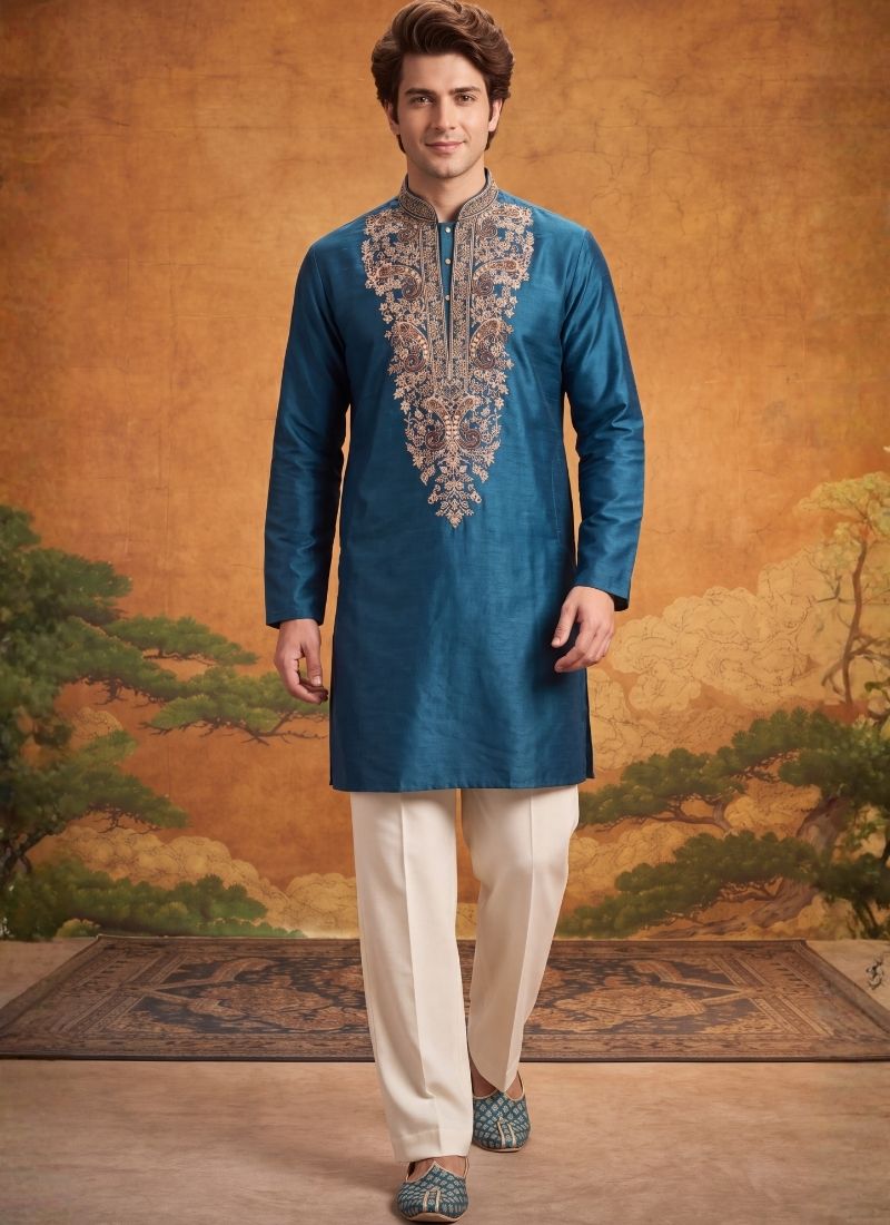 Teal Blue Velvet Embroidery Mens Festive Wear Kurta Pant