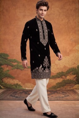 Black Japanese Embroidery Mens Festive Wear Kurta Pant