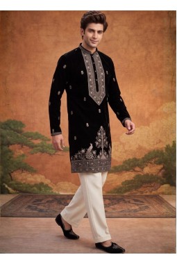 Black Japanese Embroidery Mens Festive Wear Kurta Pant