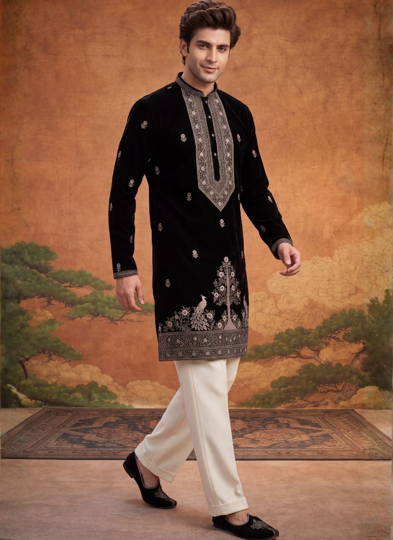 Black Japanese Embroidery Mens Festive Wear Kurta Pant