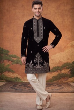 Black Japanese Embroidery Mens Festive Wear Kurta Pant