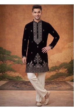 Black Japanese Embroidery Mens Festive Wear Kurta Pant