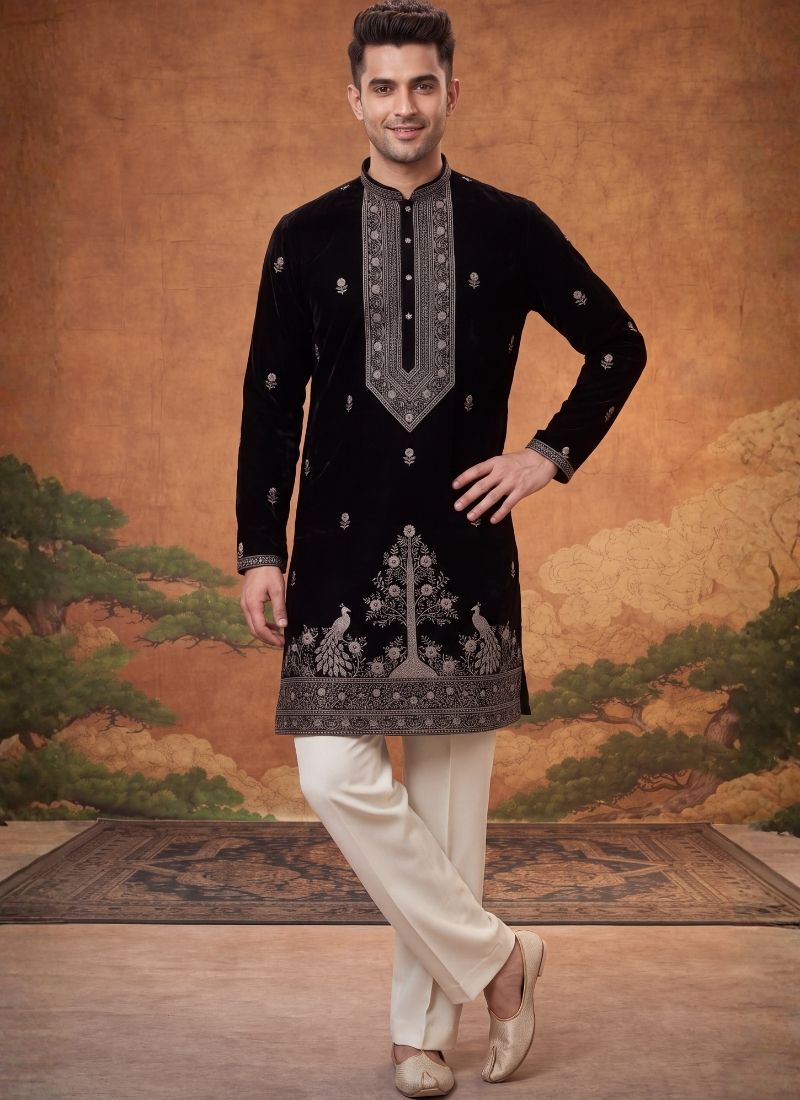 Black Japanese Embroidery Mens Festive Wear Kurta Pant