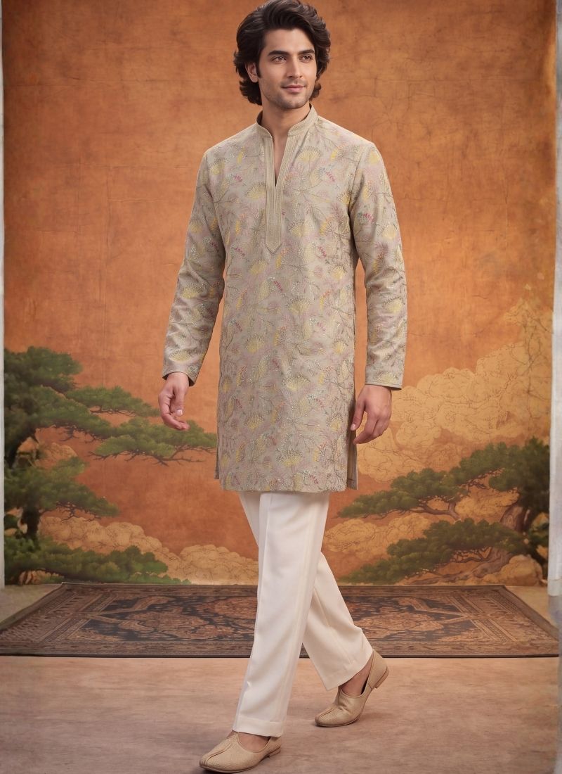 Natural Tissue Embroidery Mens Festive Wear Kurta Set