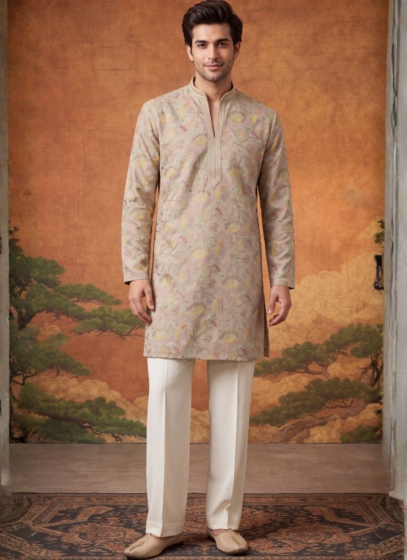 Natural Tissue Embroidery Mens Festive Wear Kurta Set
