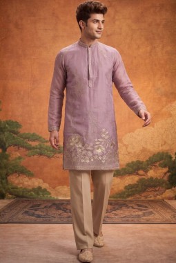 Purple Tissue Silk Embroidery Mens Festive Wear Kurta Set