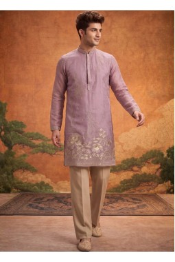 Purple Tissue Silk Embroidery Mens Festive Wear Kurta Set