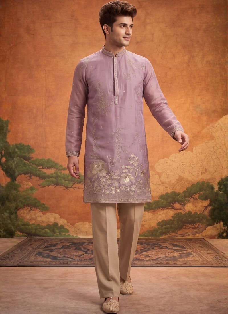 Purple Tissue Silk Embroidery Mens Festive Wear Kurta Set