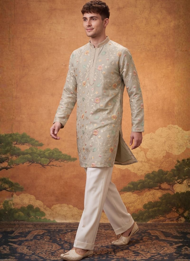 Natural Tissue Silk Embroidery Mens Festive Wear Kurta Pant