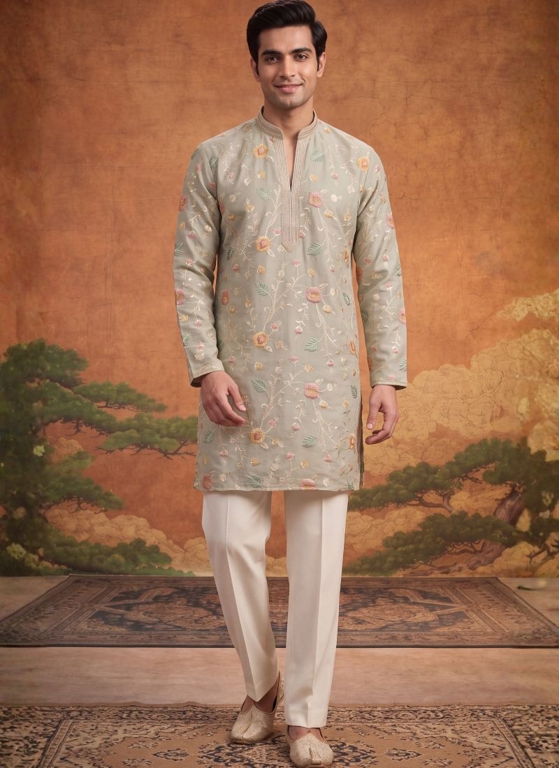 Natural Tissue Silk Embroidery Mens Festive Wear Kurta Pant