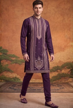 Wine Japanese Embroidery Mens Festive Wear Kurta Set