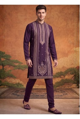 Wine Japanese Embroidery Mens Festive Wear Kurta Set