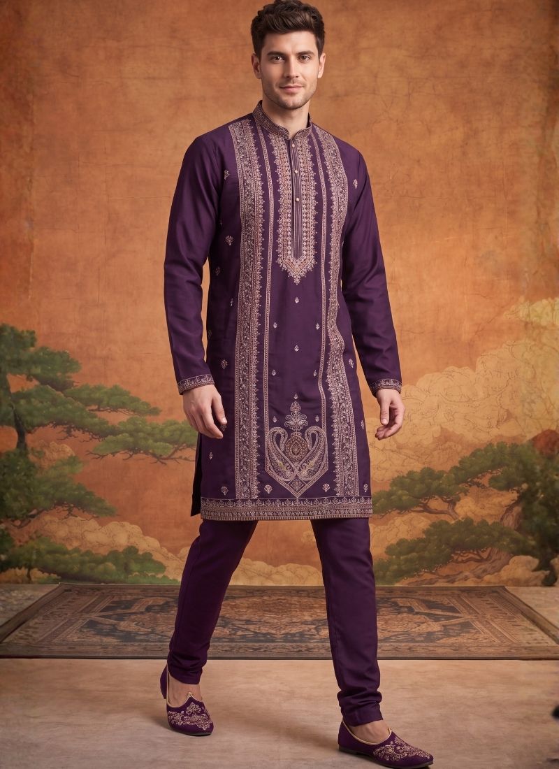Wine Japanese Embroidery Mens Festive Wear Kurta Set