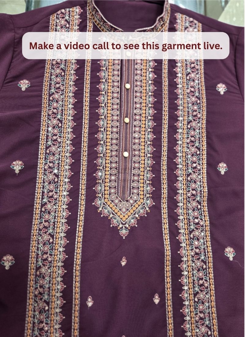 Wine Japanese Embroidery Mens Festive Wear Kurta Set